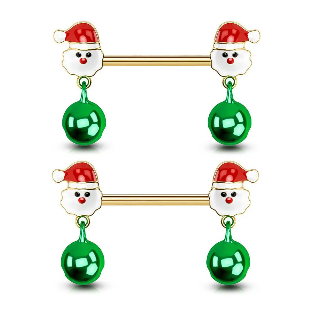 14G Santa Charm & Dangle Bell Nipple Barbell Set