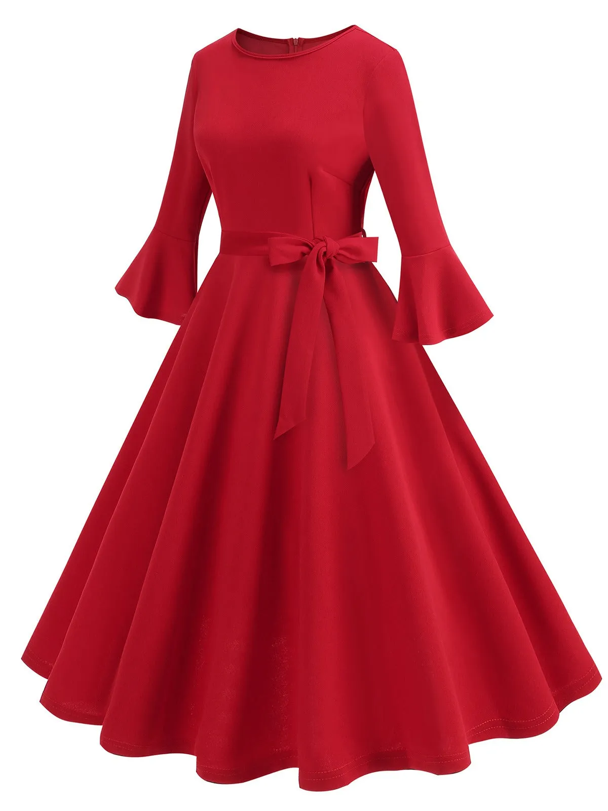 1950s Solid Bell Sleeves Swing Dress