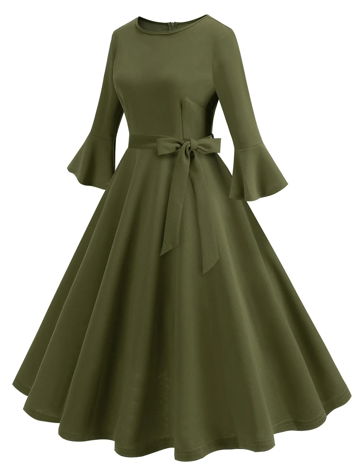 1950s Solid Bell Sleeves Swing Dress