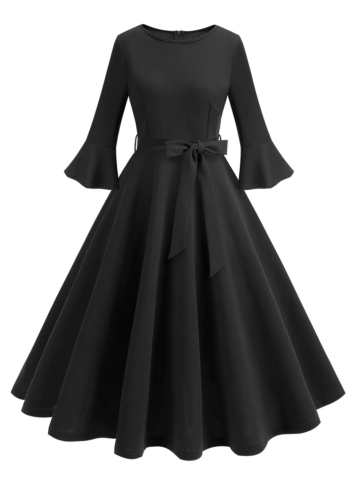 1950s Solid Bell Sleeves Swing Dress