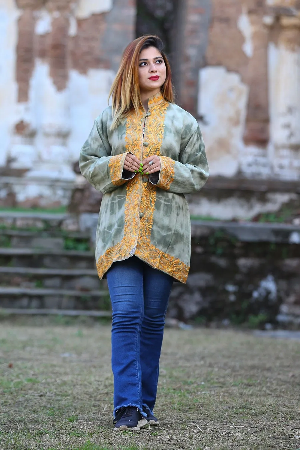 Alluring Olive Green Colour Kashmiri Aari Work Embroidered Jacket With New Designer Pattern enhance wearers personality.