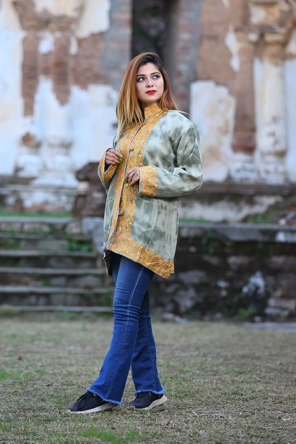 Alluring Olive Green Colour Kashmiri Aari Work Embroidered Jacket With New Designer Pattern enhance wearers personality.