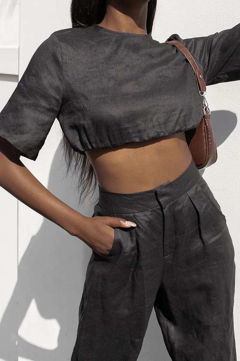 ALPHA BLACK LINEN CROP TOP