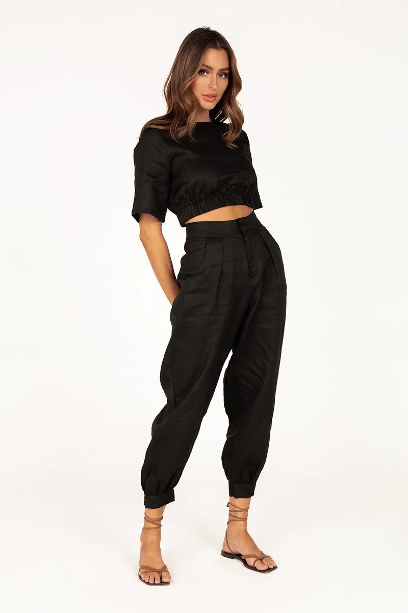 ALPHA BLACK LINEN CROP TOP