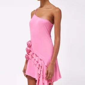 Asymmetric Ruffled One Shoulder Sleeveless Rosette Trim Mini Party Dress