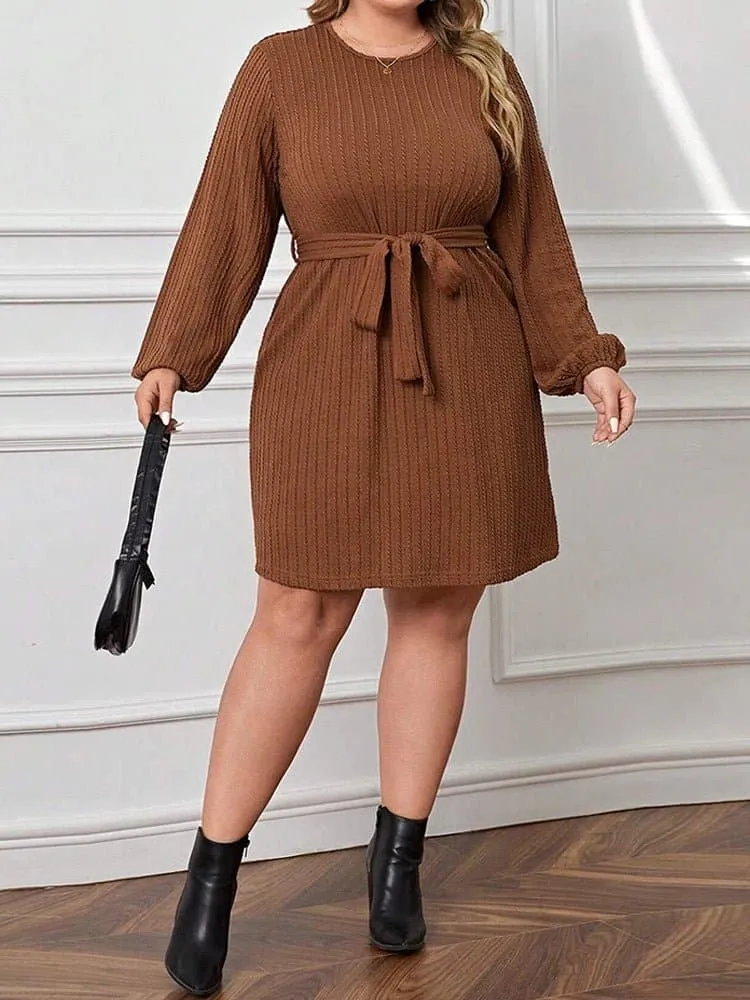 Autumn Knit Dresses - Comfortable A-Line Dress with Lantern Sleeves & Empire Waist