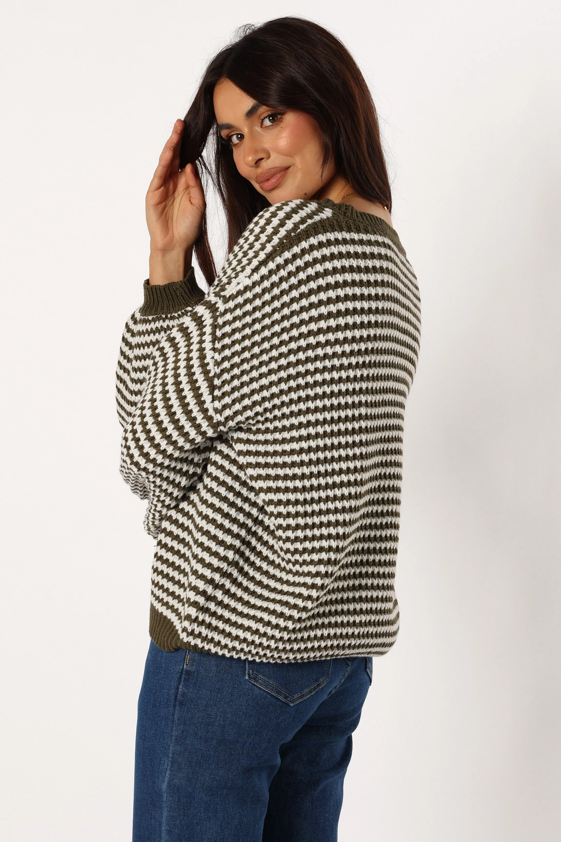 Becca Crewneck Waffle Stitch Stripe Knit Sweater - Olive