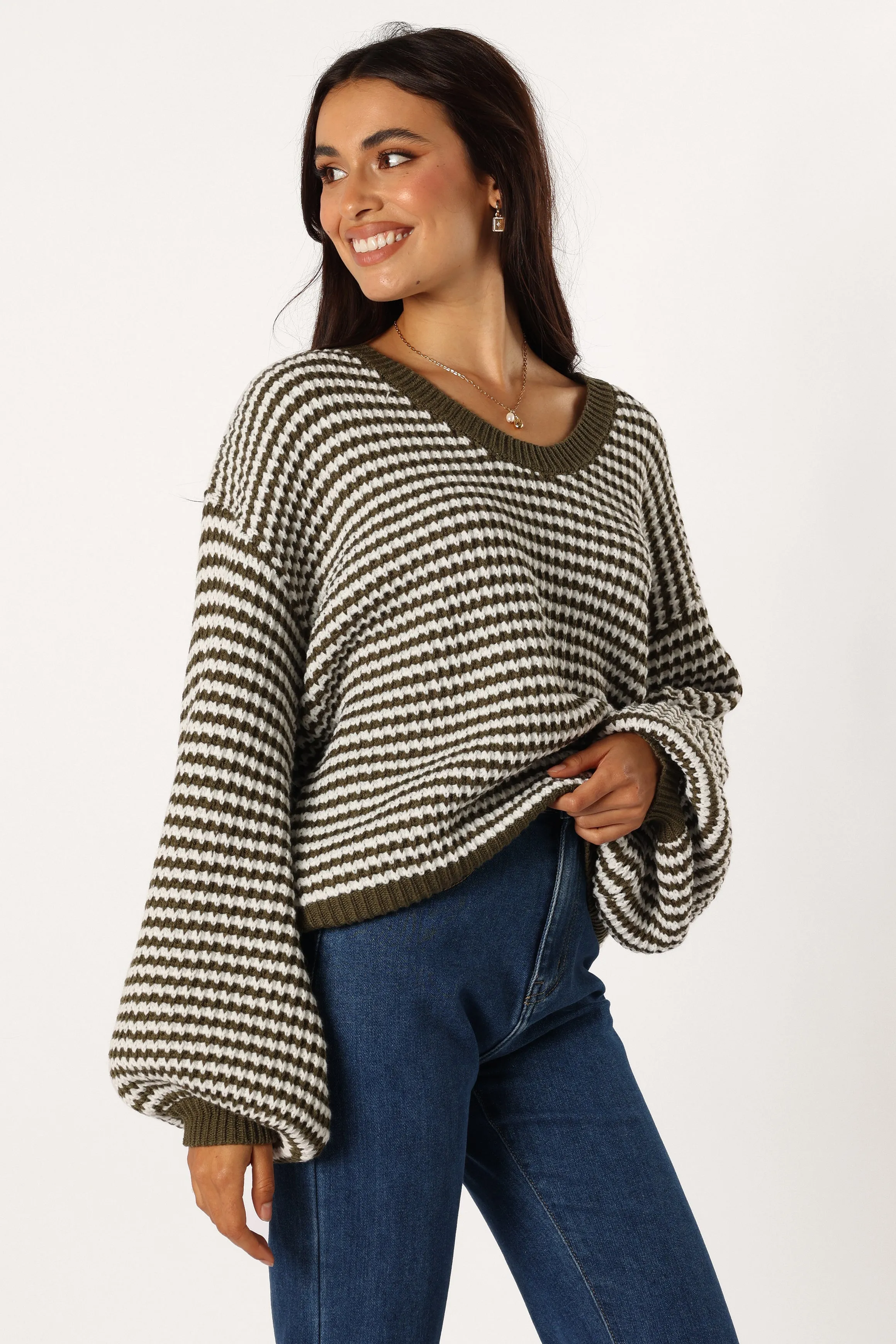 Becca Crewneck Waffle Stitch Stripe Knit Sweater - Olive