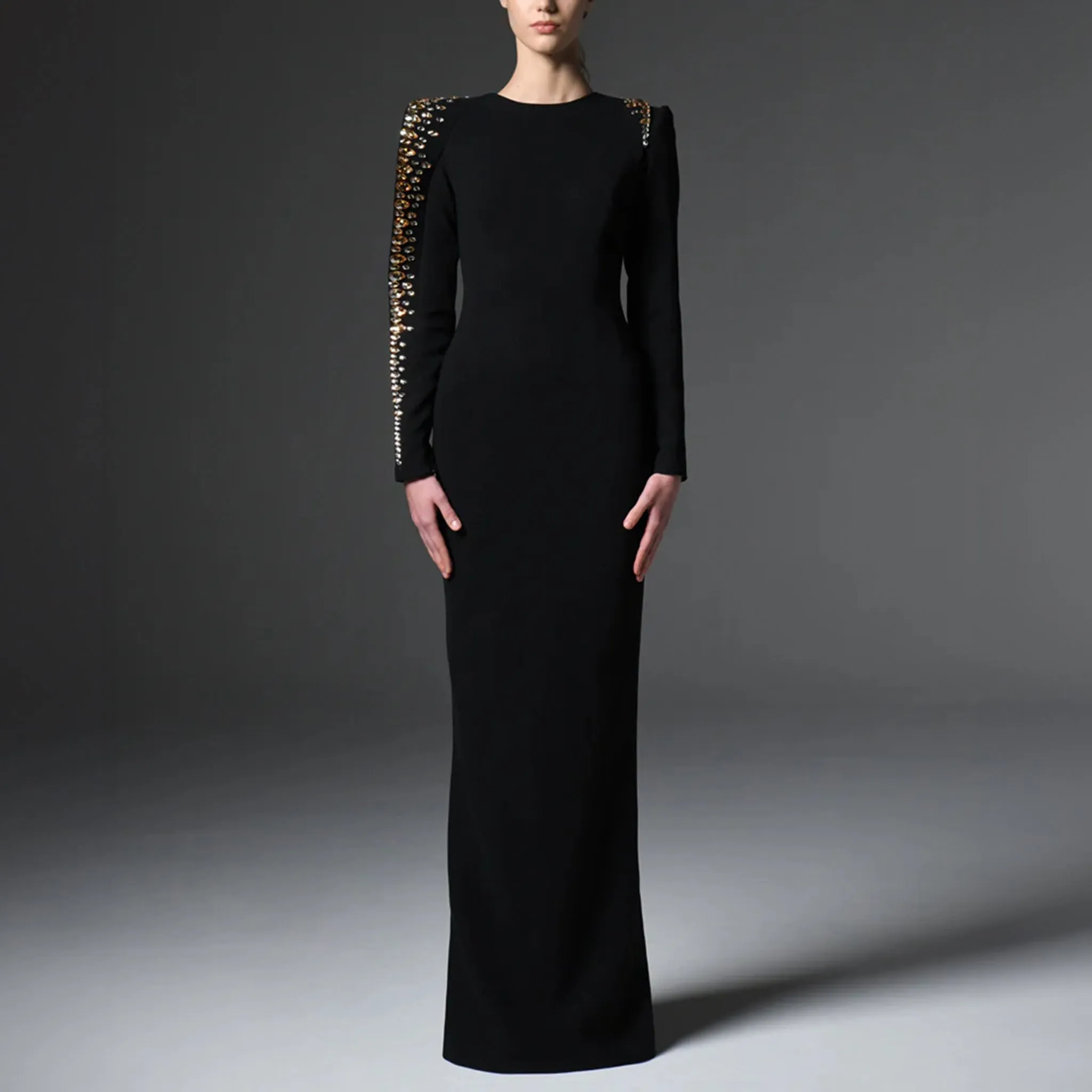 Black Crepe Dress With Embroidered Collar