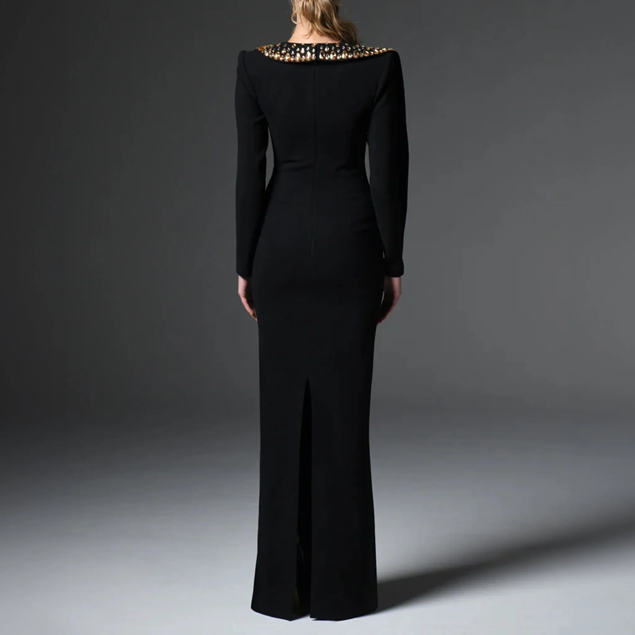 Black Crepe Dress With Embroidered Collar