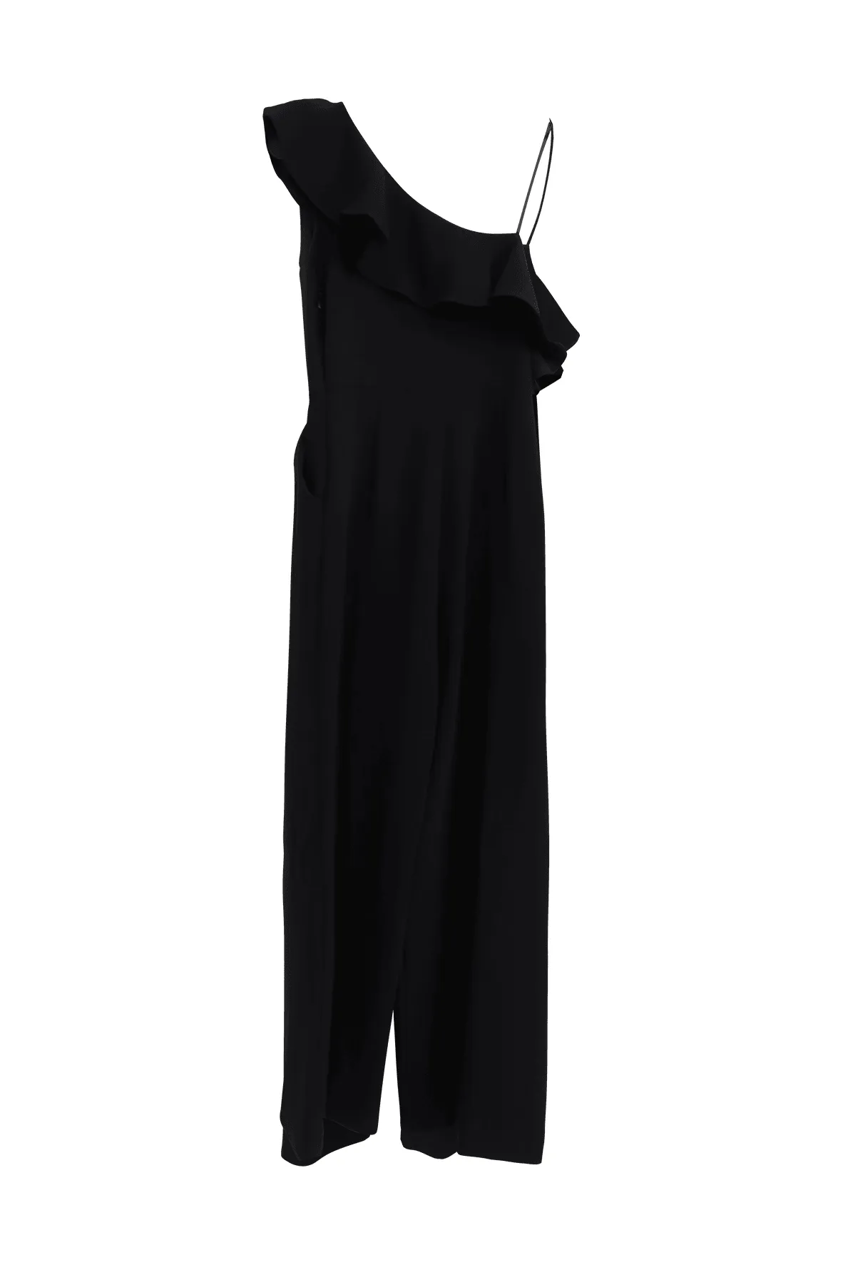 Black One-shoulder Ruffled Jumpsuit With Pockets