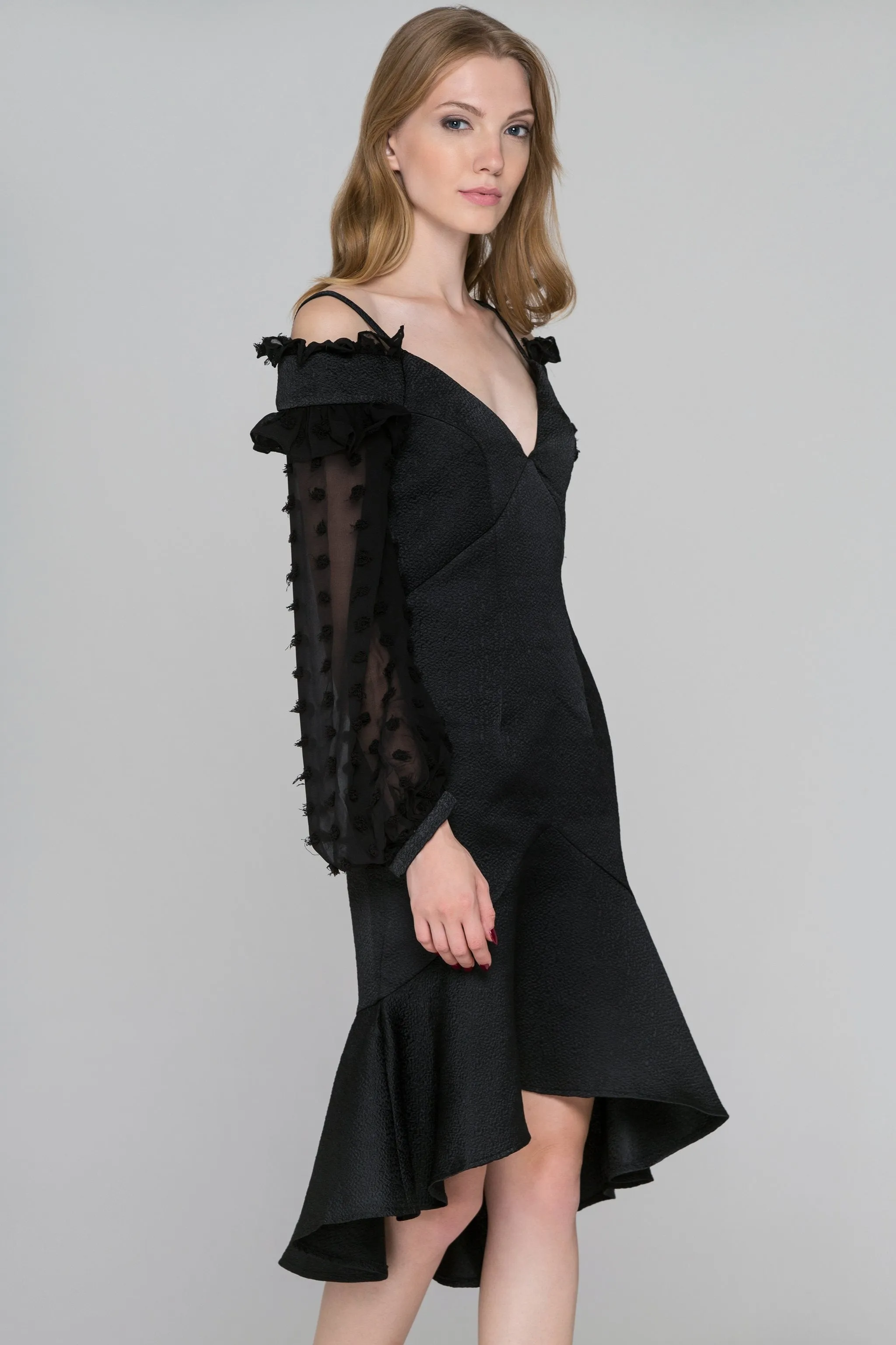 Black Swan Sheer Puff Sleeve Midi Dress