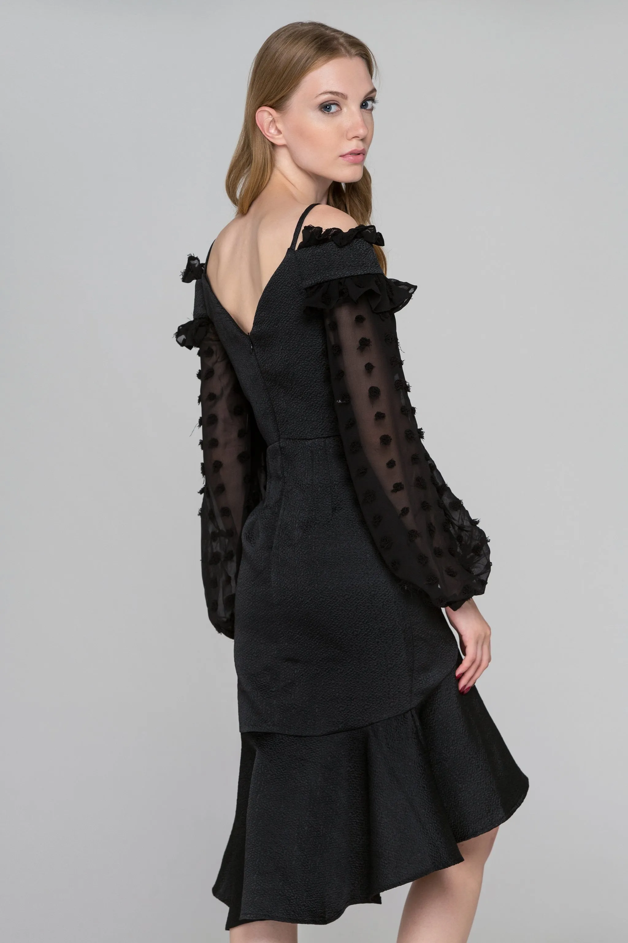 Black Swan Sheer Puff Sleeve Midi Dress