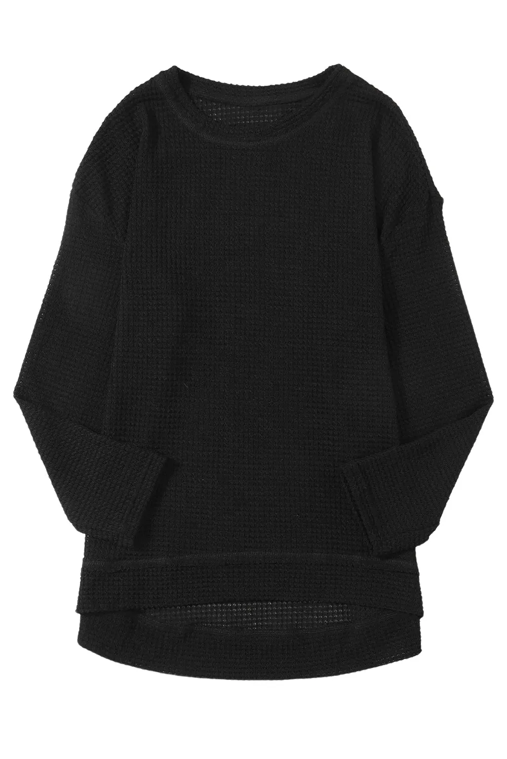 Black Waffle Knit High Slits Oversized Top