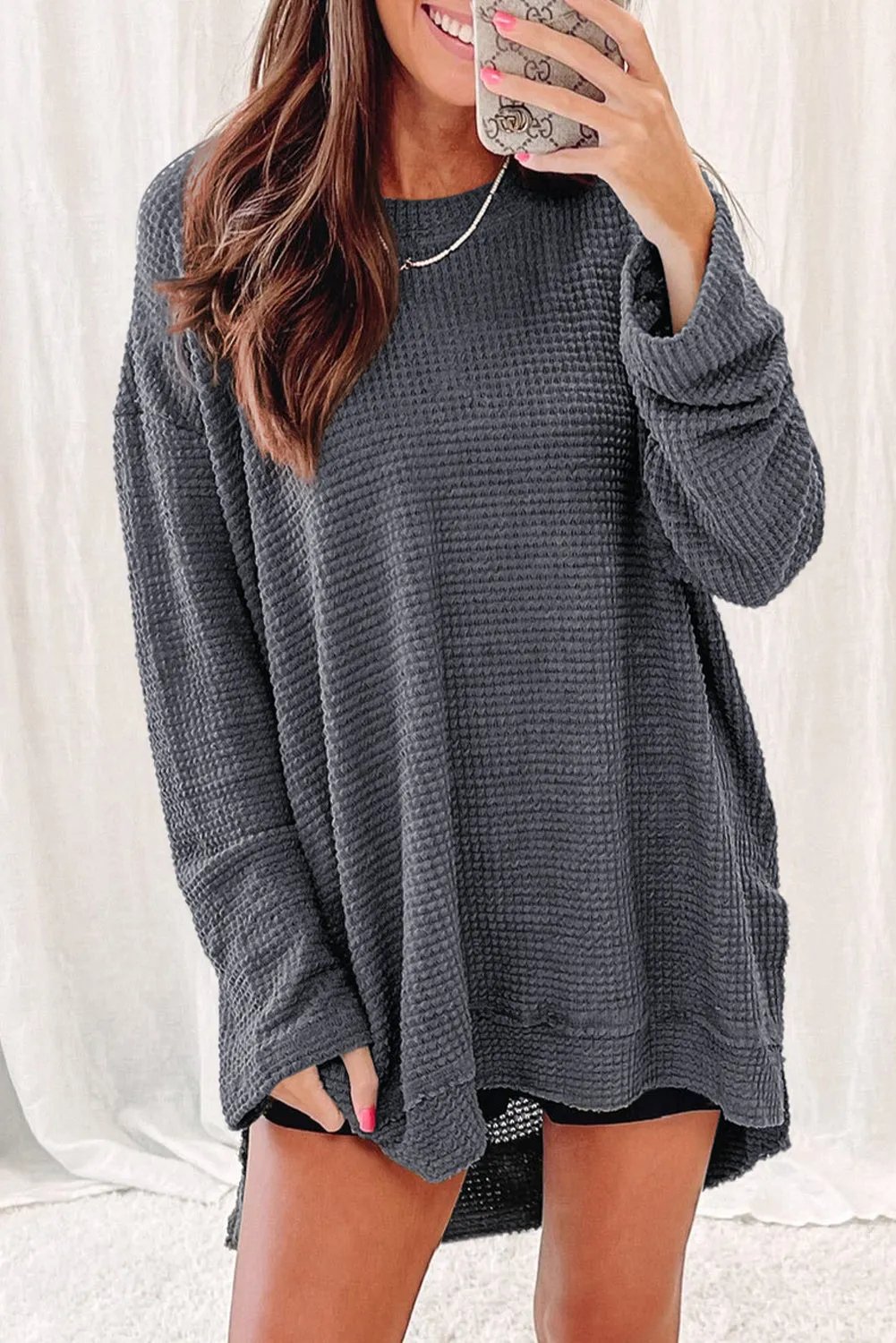 Black Waffle Knit High Slits Oversized Top