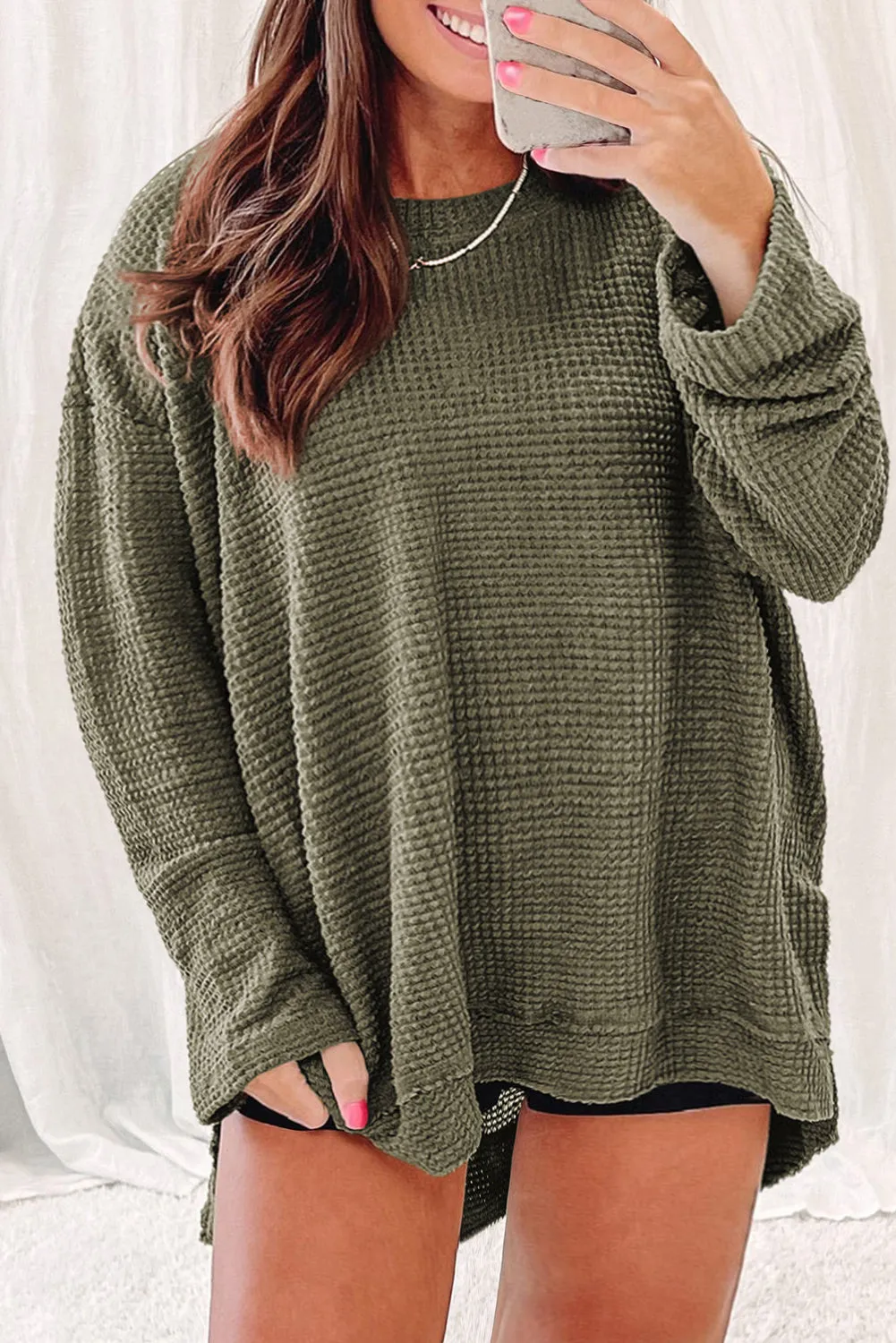 Black Waffle Knit High Slits Oversized Top