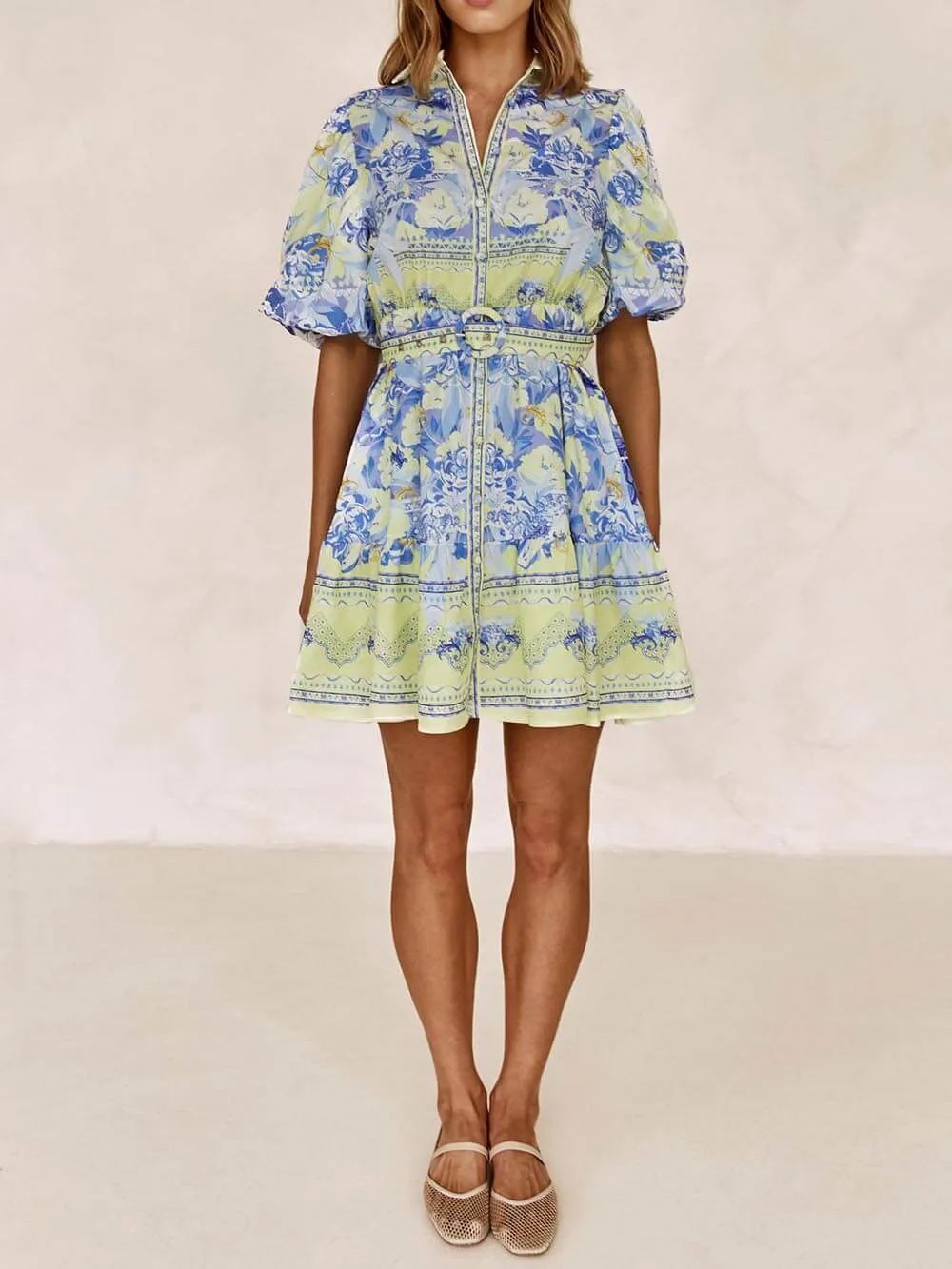 Blue And Yellow Charming Floral Print Mini Dress