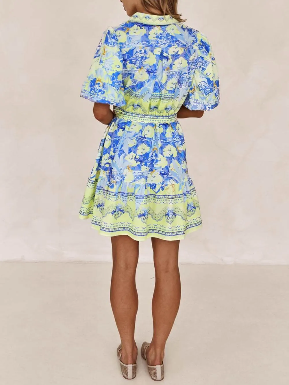 Blue And Yellow Charming Floral Print Mini Dress