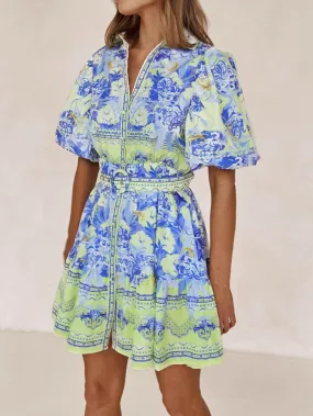 Blue And Yellow Charming Floral Print Mini Dress