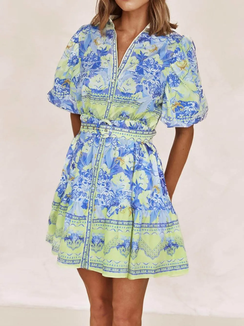 Blue And Yellow Charming Floral Print Mini Dress