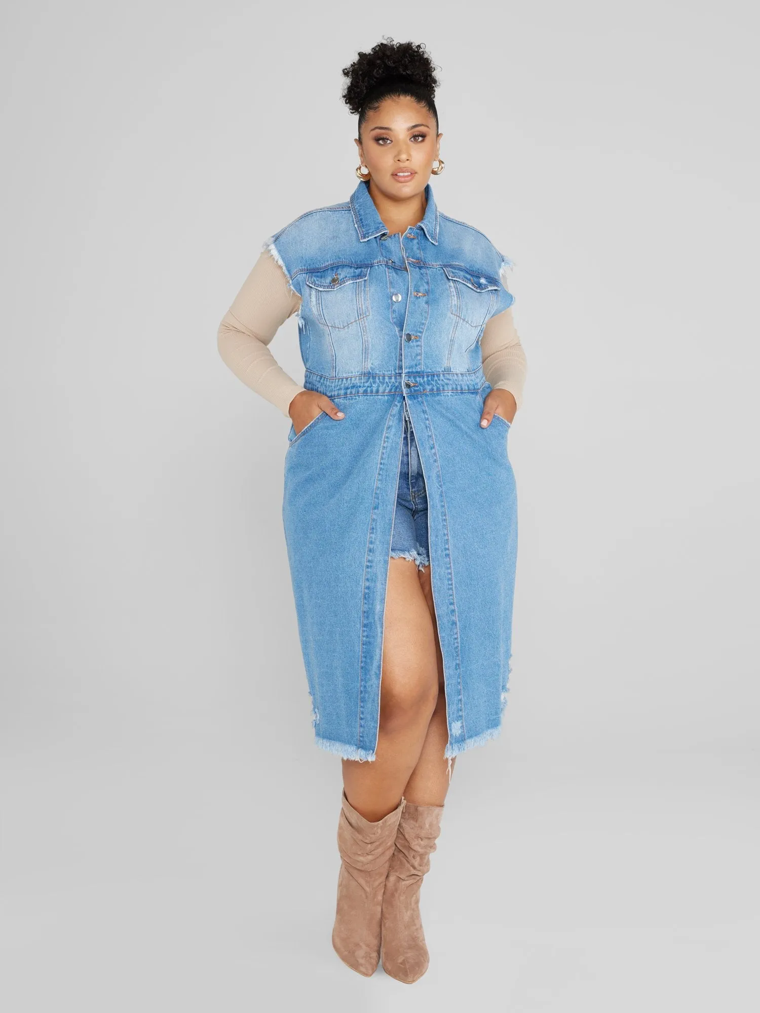 Brittany Frayed Hem Longline Denim Vest