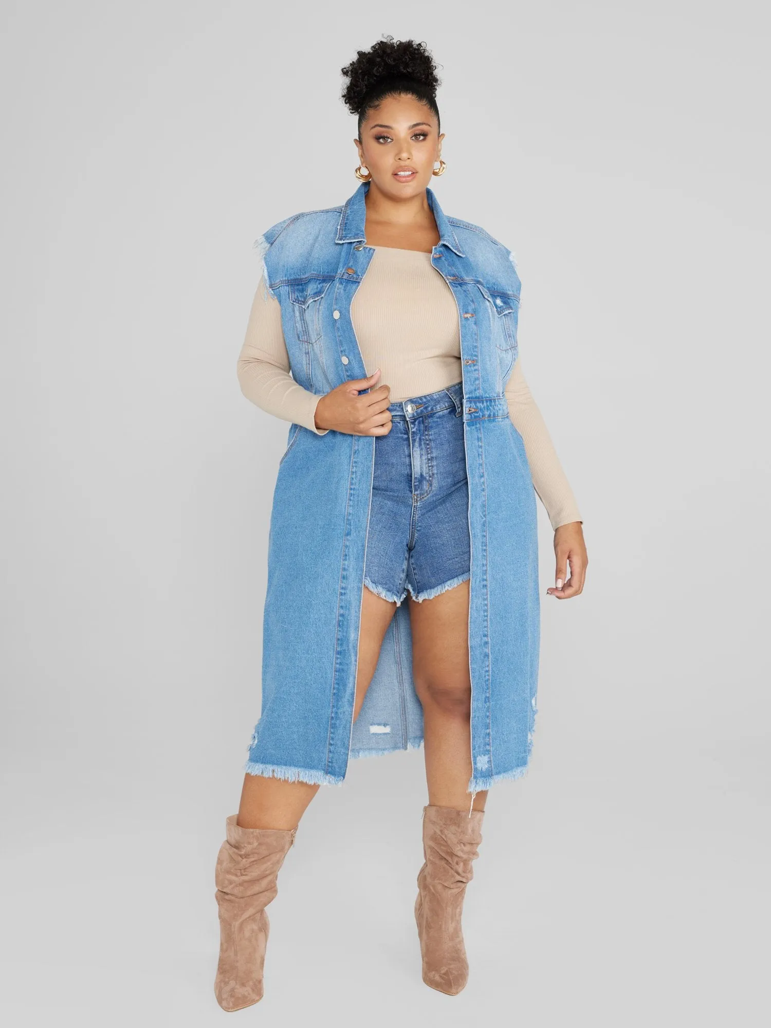 Brittany Frayed Hem Longline Denim Vest