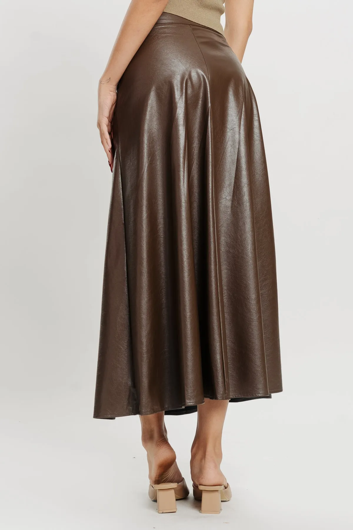 Brown Flared Leather Skirt