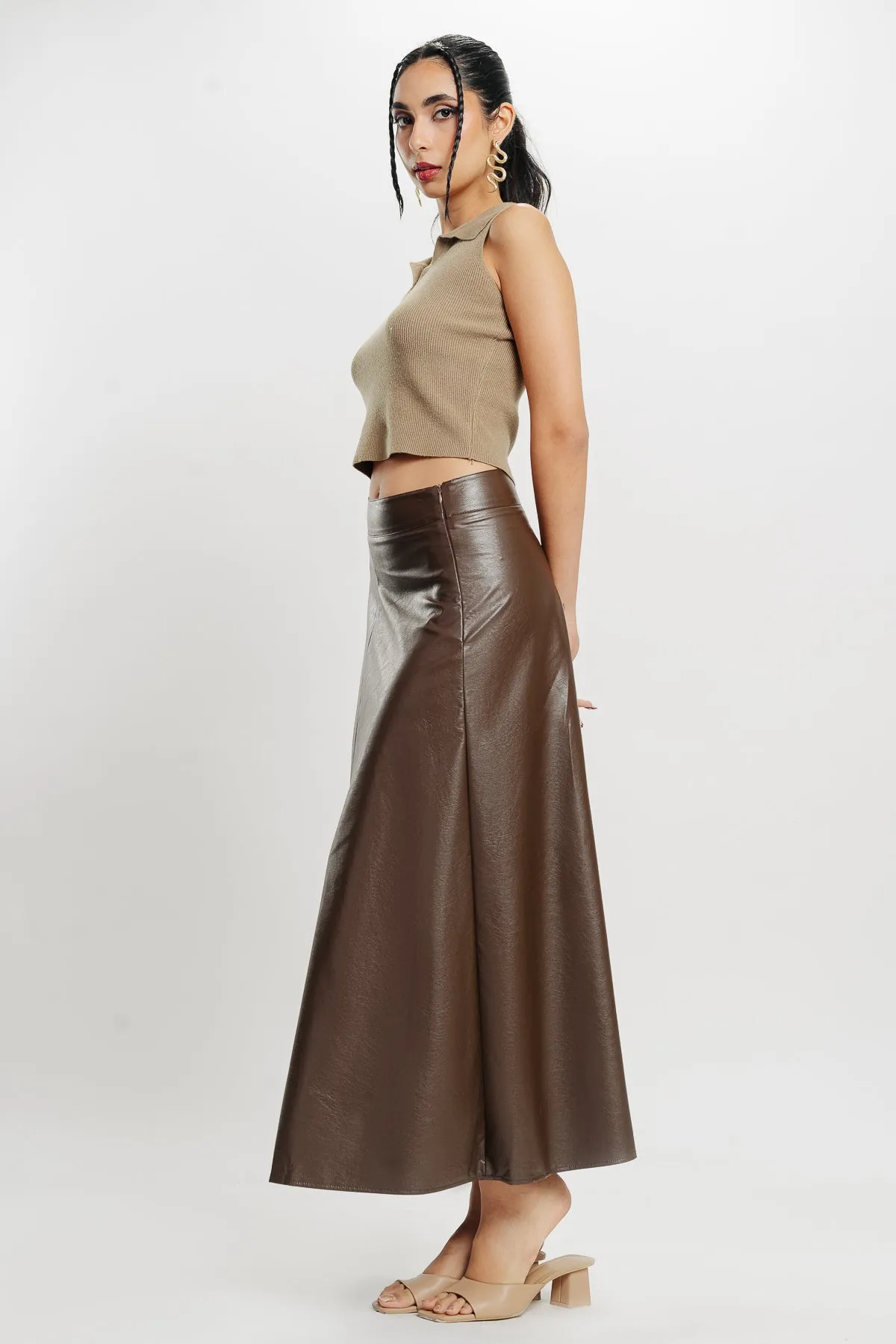 Brown Flared Leather Skirt