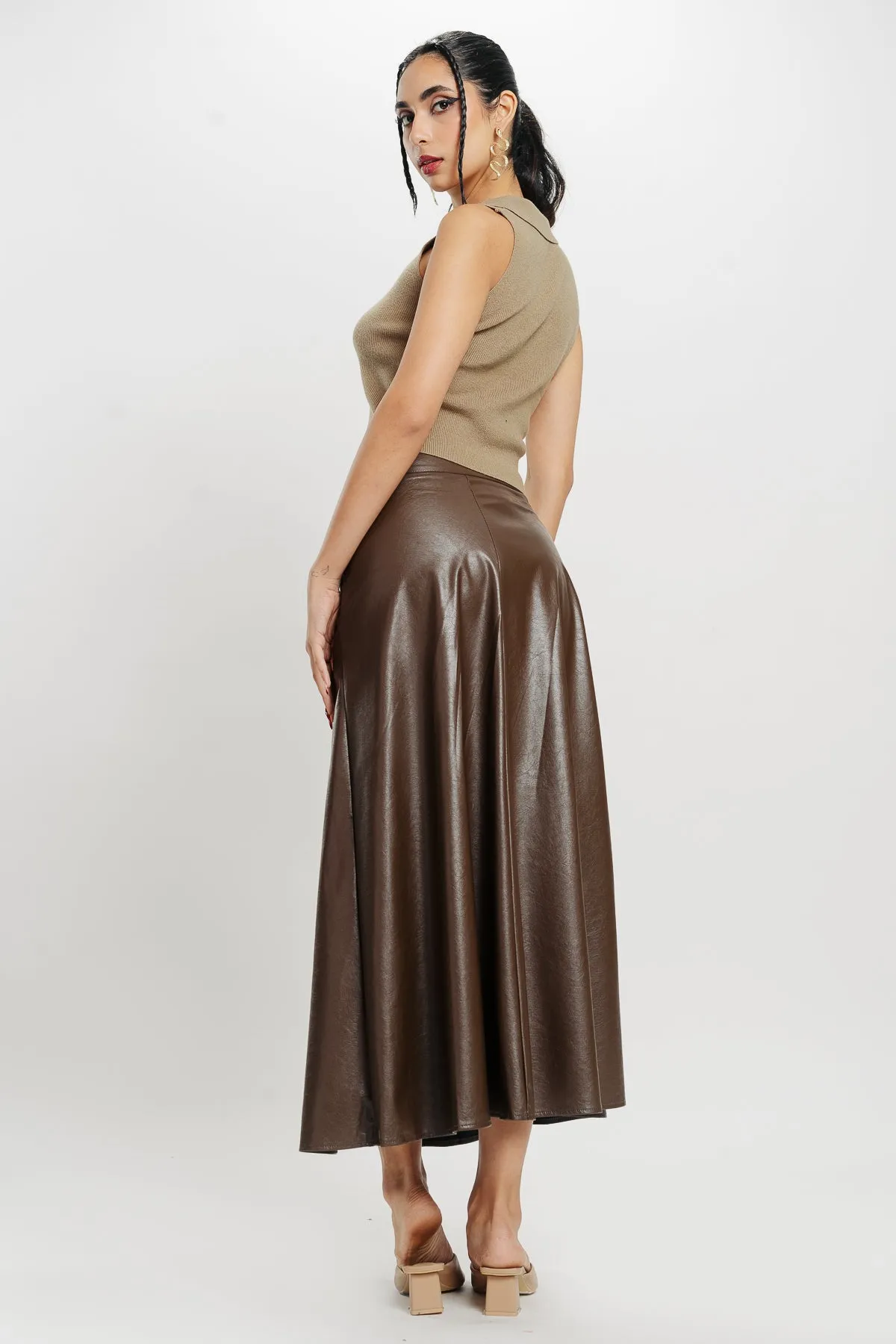 Brown Flared Leather Skirt