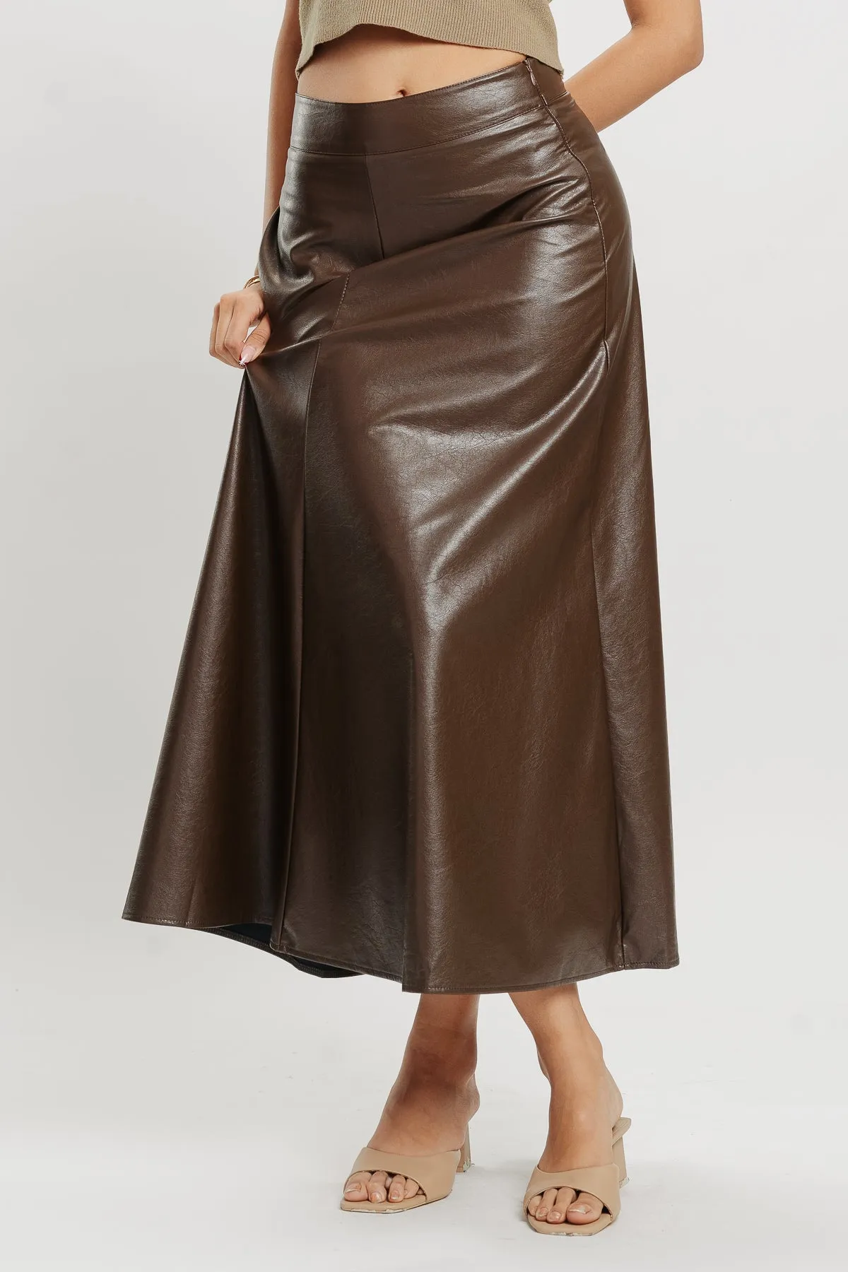 Brown Flared Leather Skirt