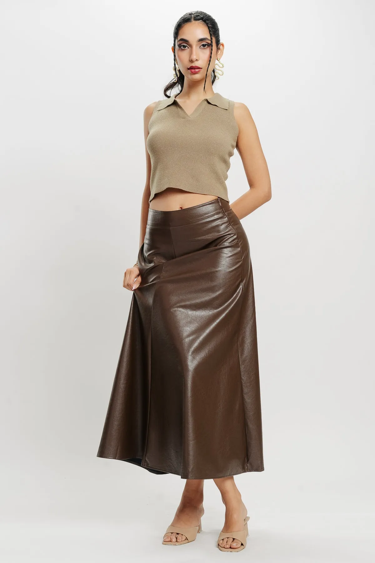 Brown Flared Leather Skirt