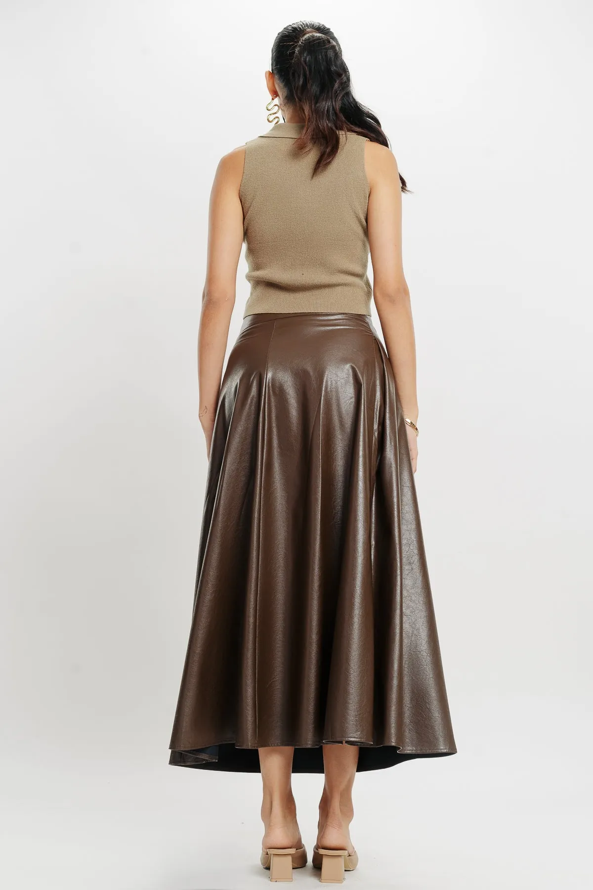 Brown Flared Leather Skirt