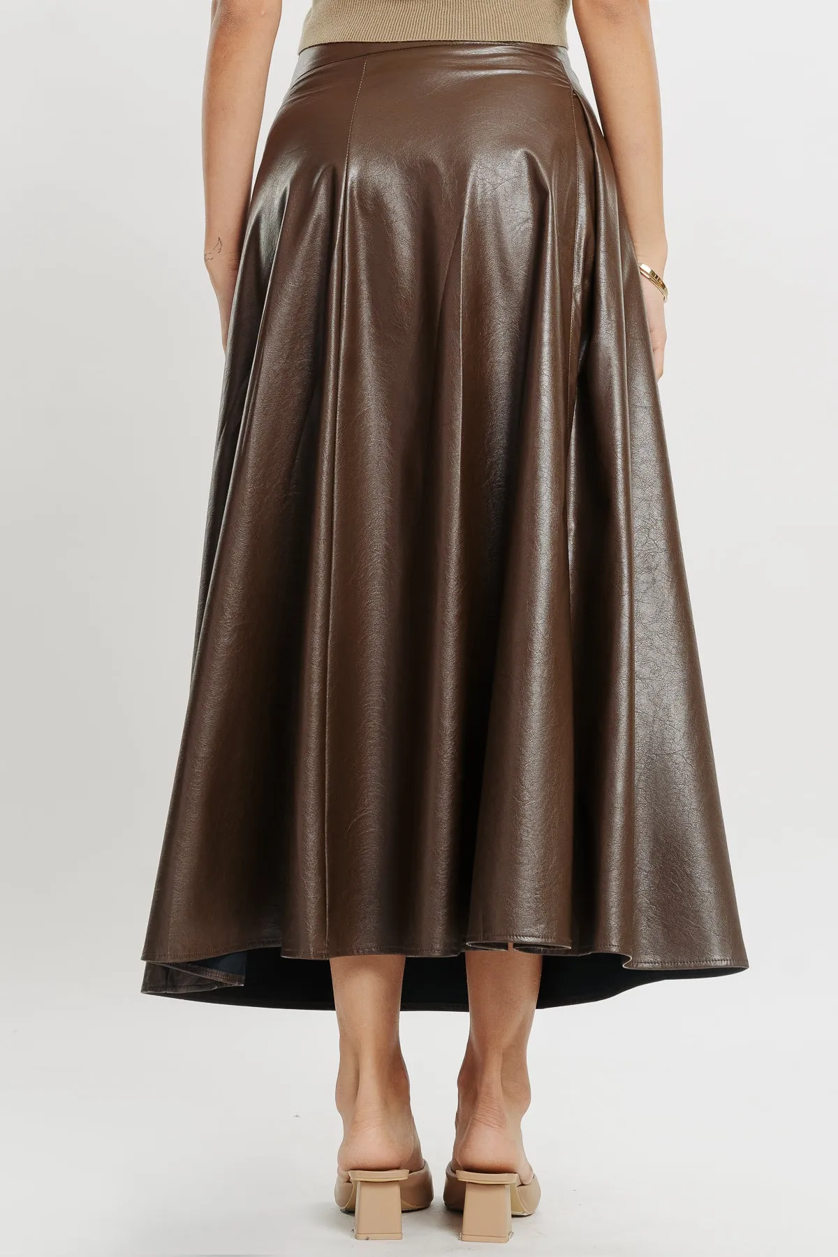 Brown Flared Leather Skirt