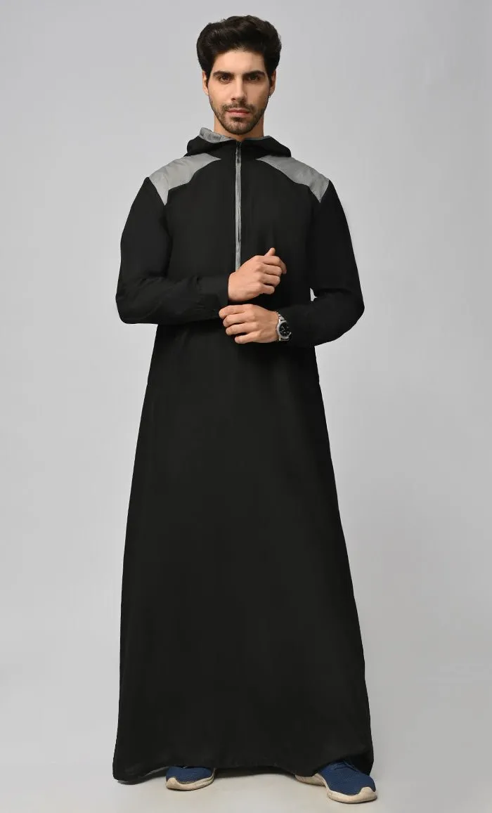 Buy Mens Islamic Sporty Thobe/Jubba With Pockets And Hood-Black - Final Sale