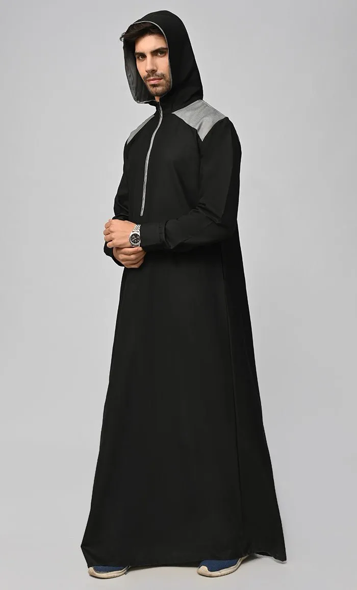 Buy Mens Islamic Sporty Thobe/Jubba With Pockets And Hood-Black - Final Sale