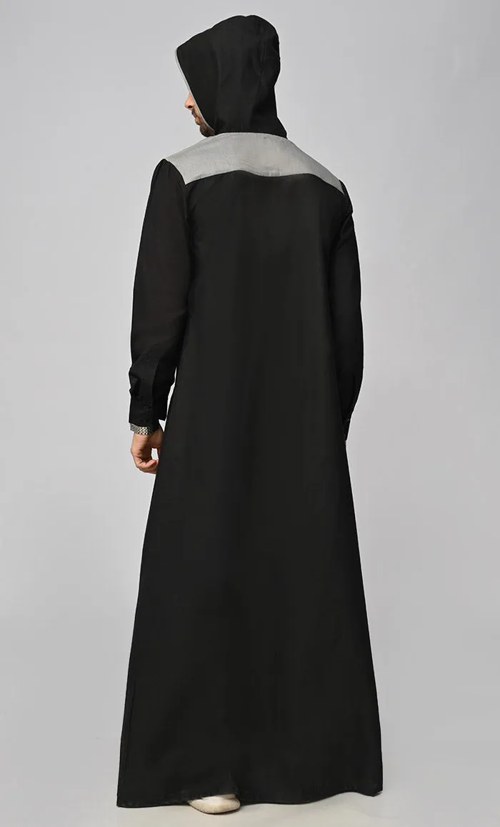 Buy Mens Islamic Sporty Thobe/Jubba With Pockets And Hood-Black - Final Sale