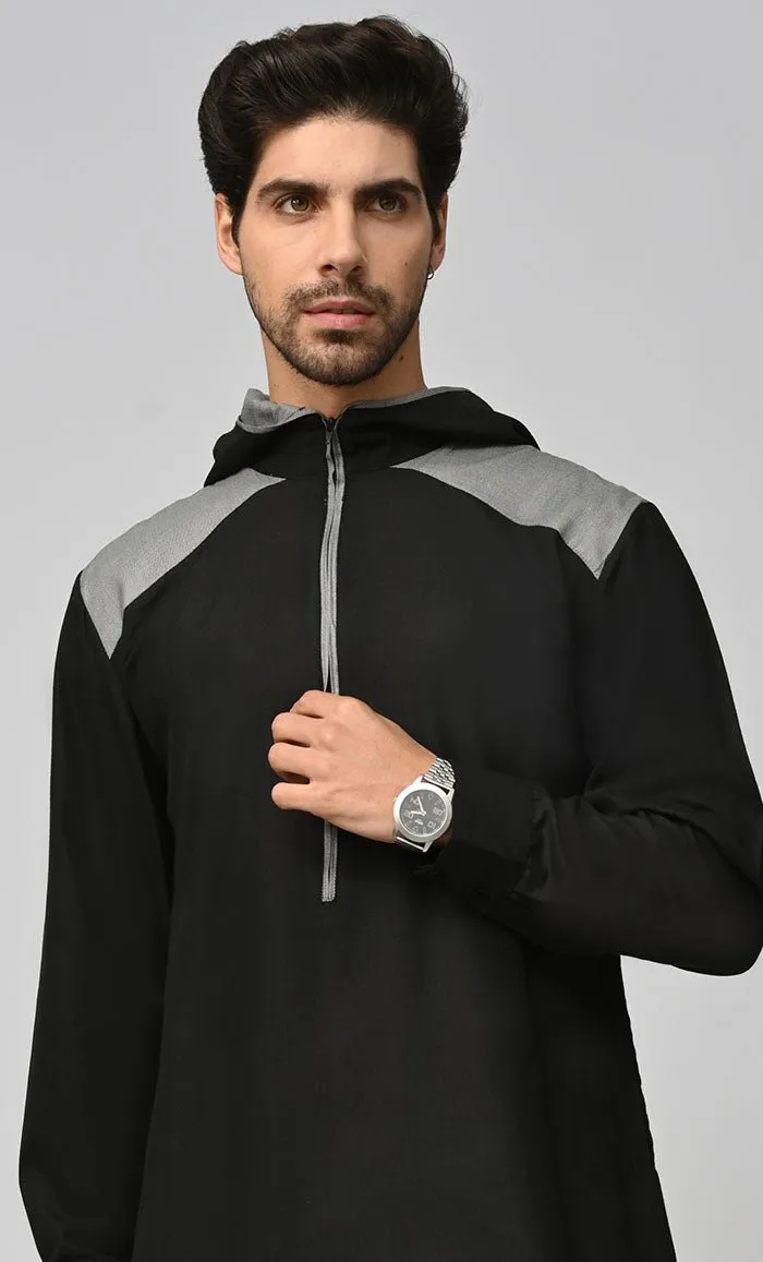 Buy Mens Islamic Sporty Thobe/Jubba With Pockets And Hood-Black - Final Sale