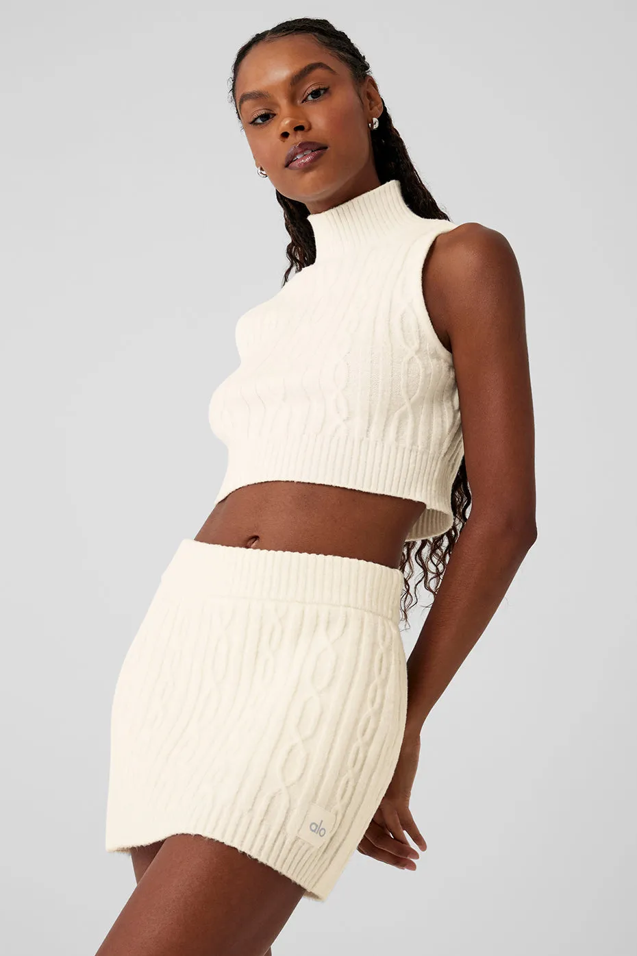 Cable Knit Winter Bliss Mock Neck Tank - Ivory