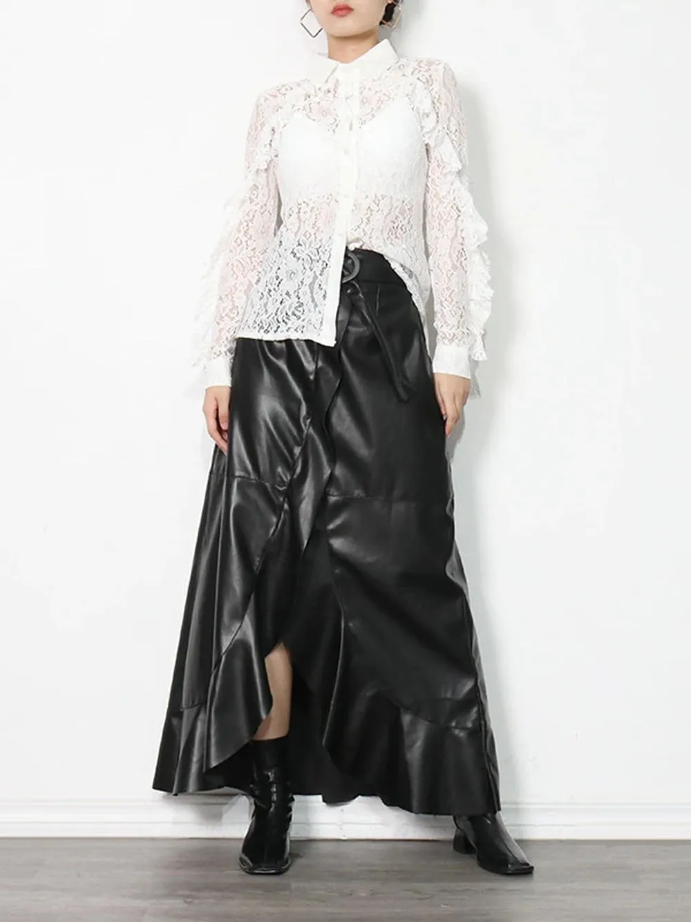 CELOSIA Blouse & Leather Skirt Set