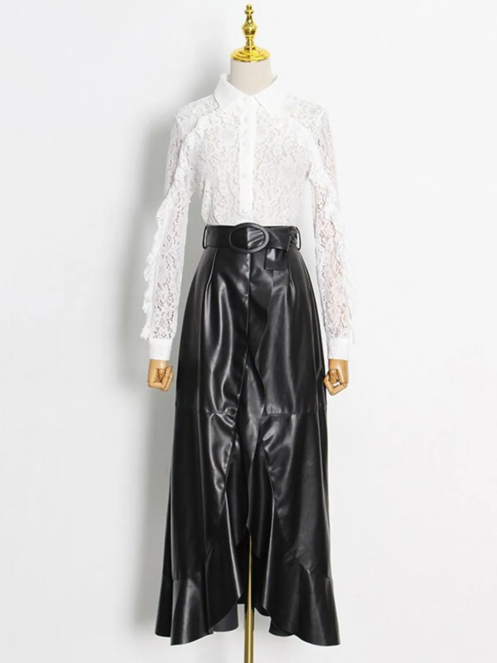 CELOSIA Blouse & Leather Skirt Set