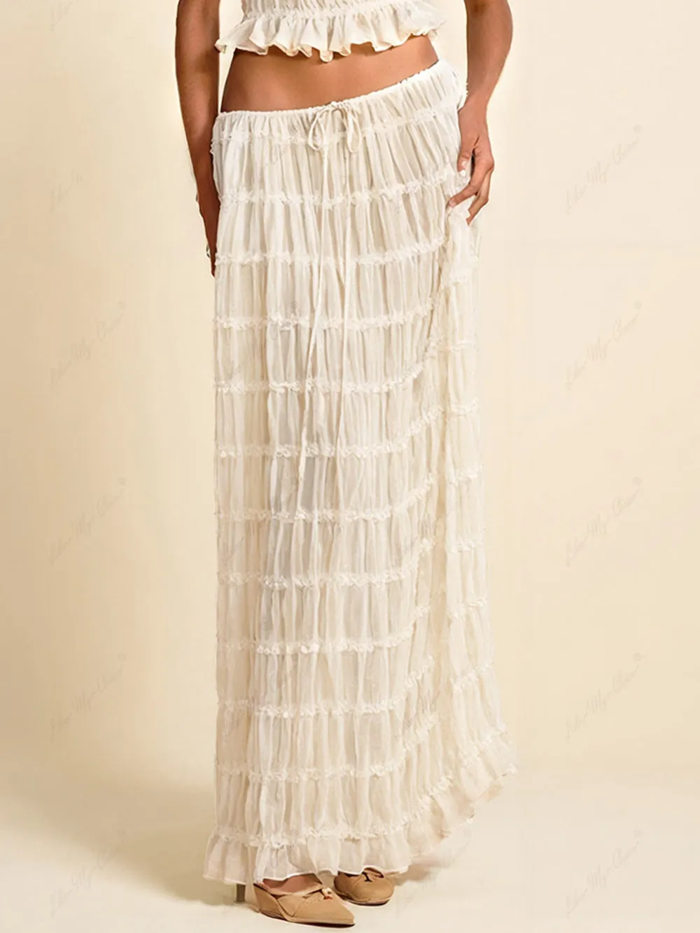 Charm Pleated Drawstring Charming Waist Tiered Maxi Skirt