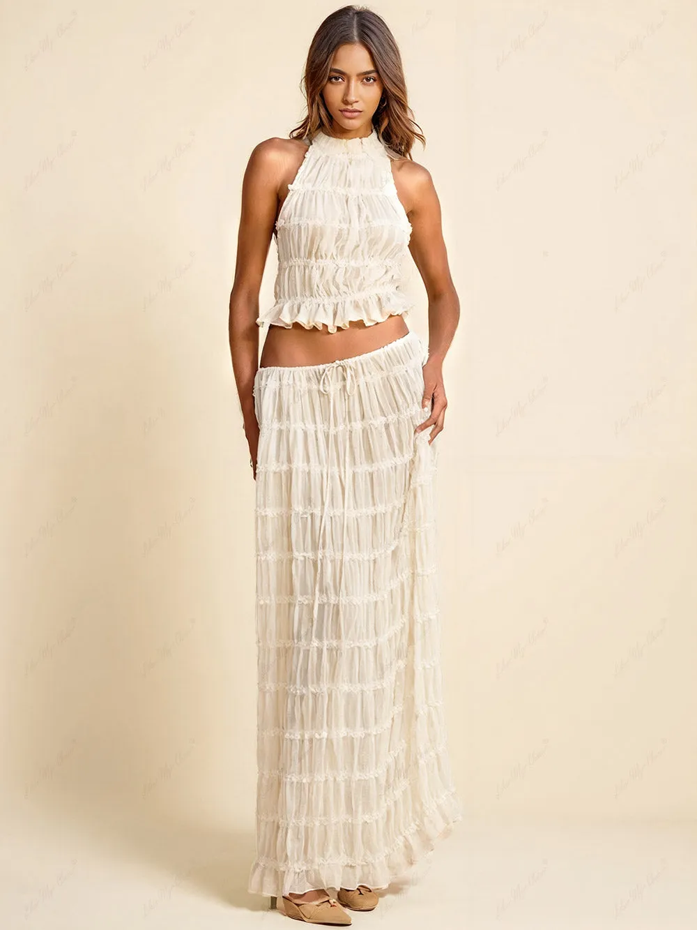 Charm Pleated Drawstring Charming Waist Tiered Maxi Skirt