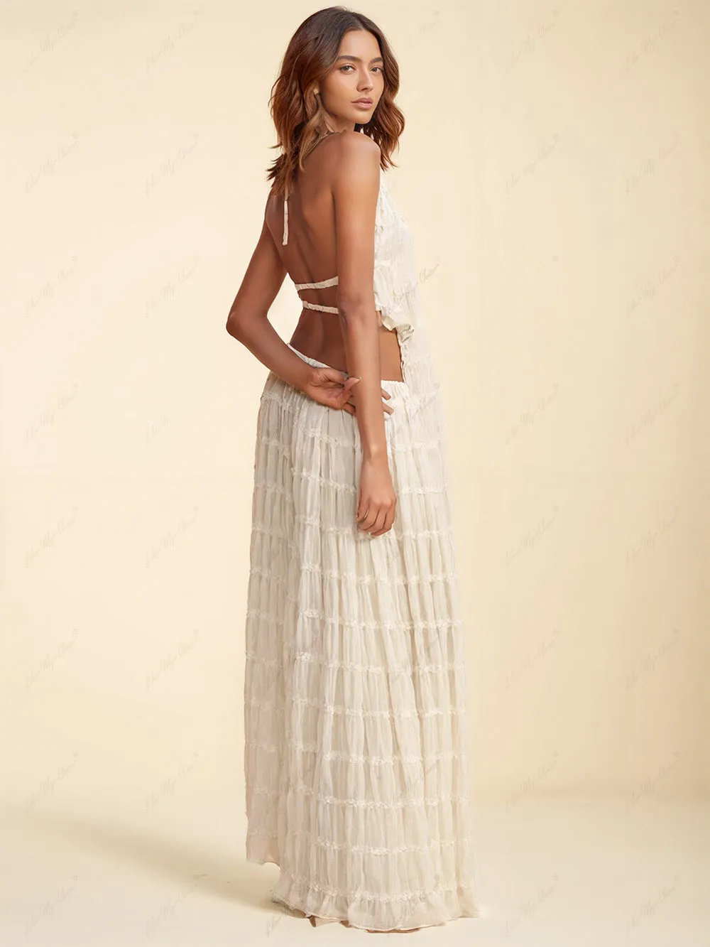 Charm Pleated Drawstring Charming Waist Tiered Maxi Skirt