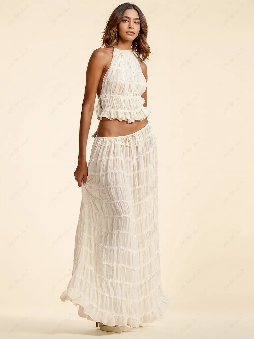 Charm Pleated Drawstring Charming Waist Tiered Maxi Skirt