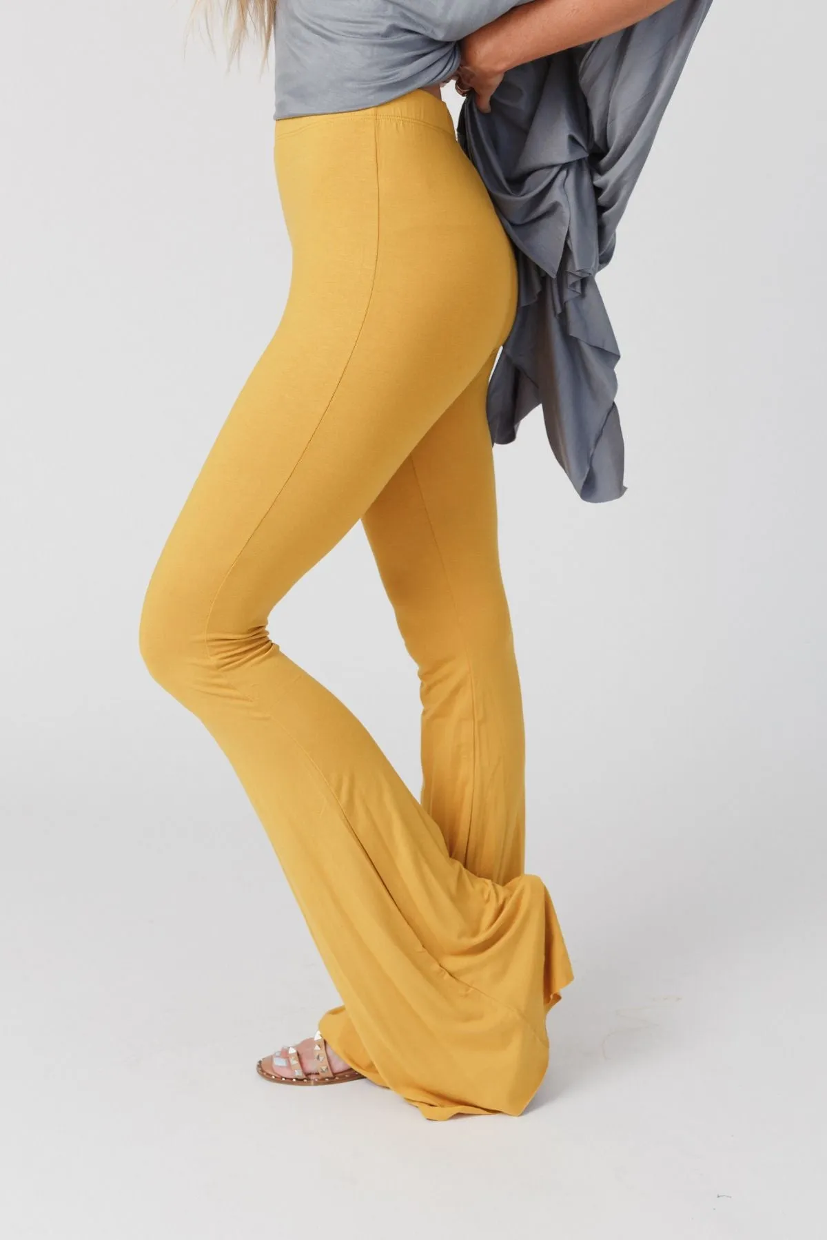 Cher Solid Raw Edge Flare Pant - Mustard Yellow