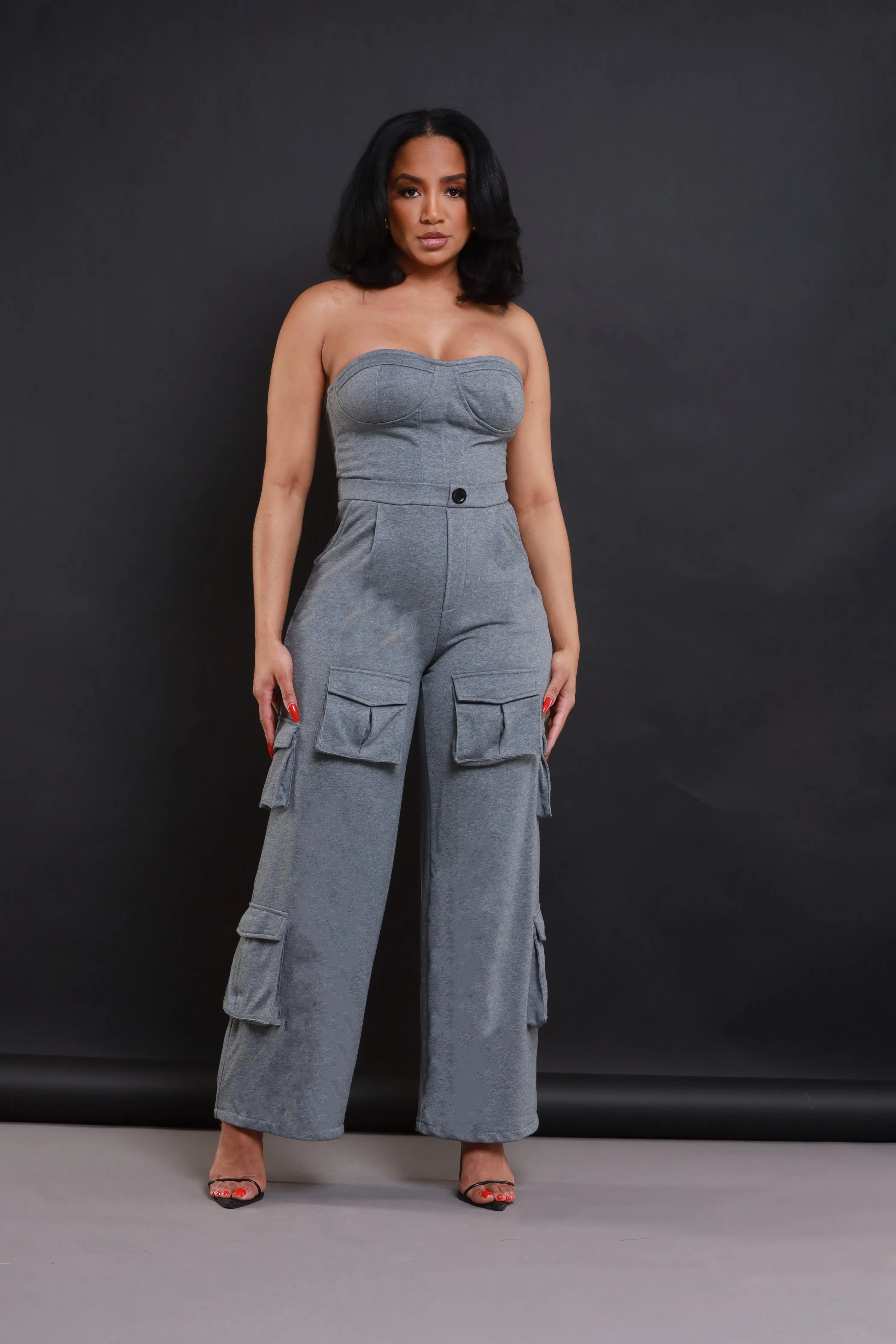 Cut Some Corners Strapless Cargo Jumpsuit - Grey