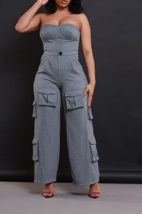 Cut Some Corners Strapless Cargo Jumpsuit - Grey