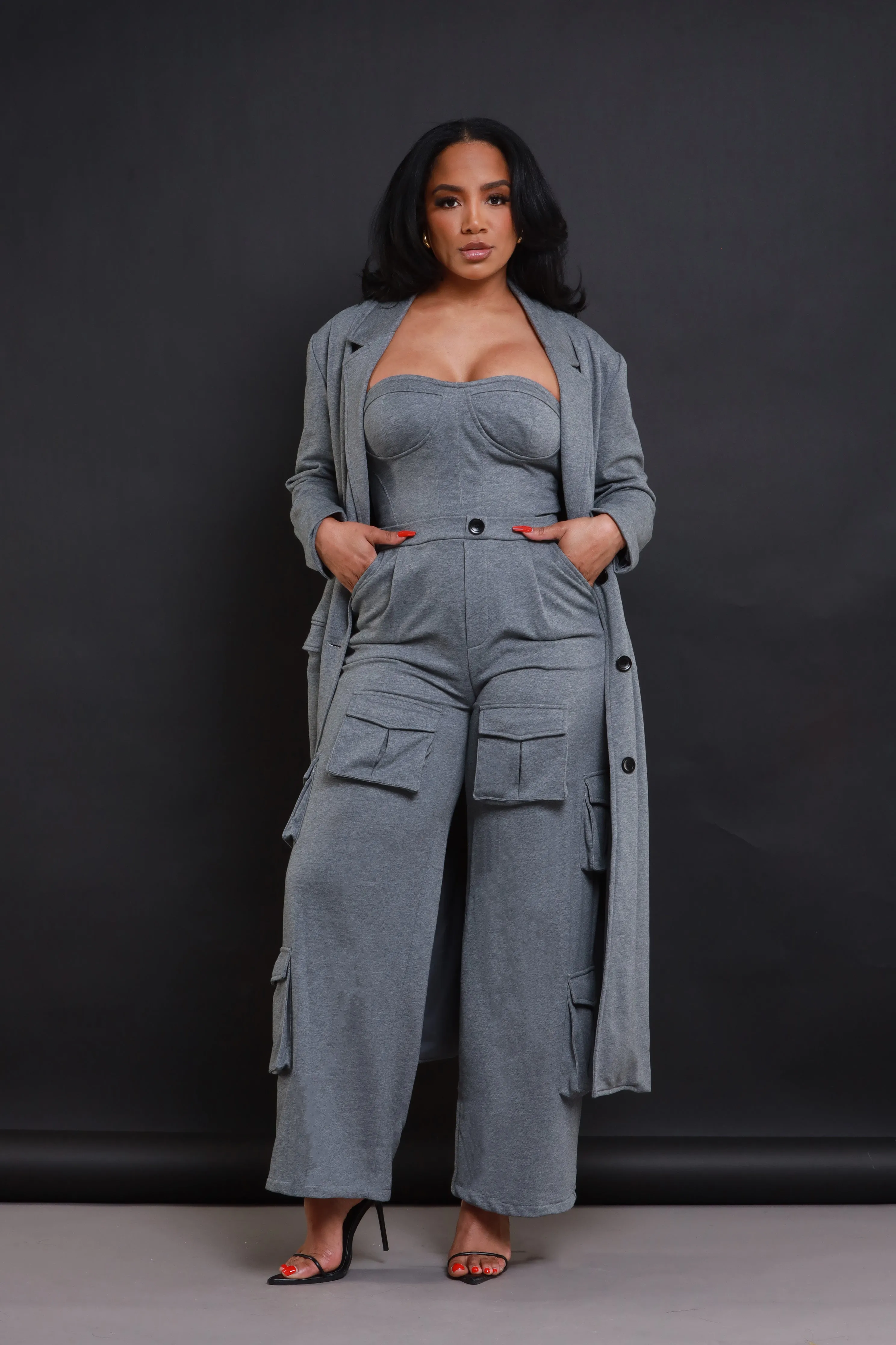 Cut Some Corners Strapless Cargo Jumpsuit - Grey