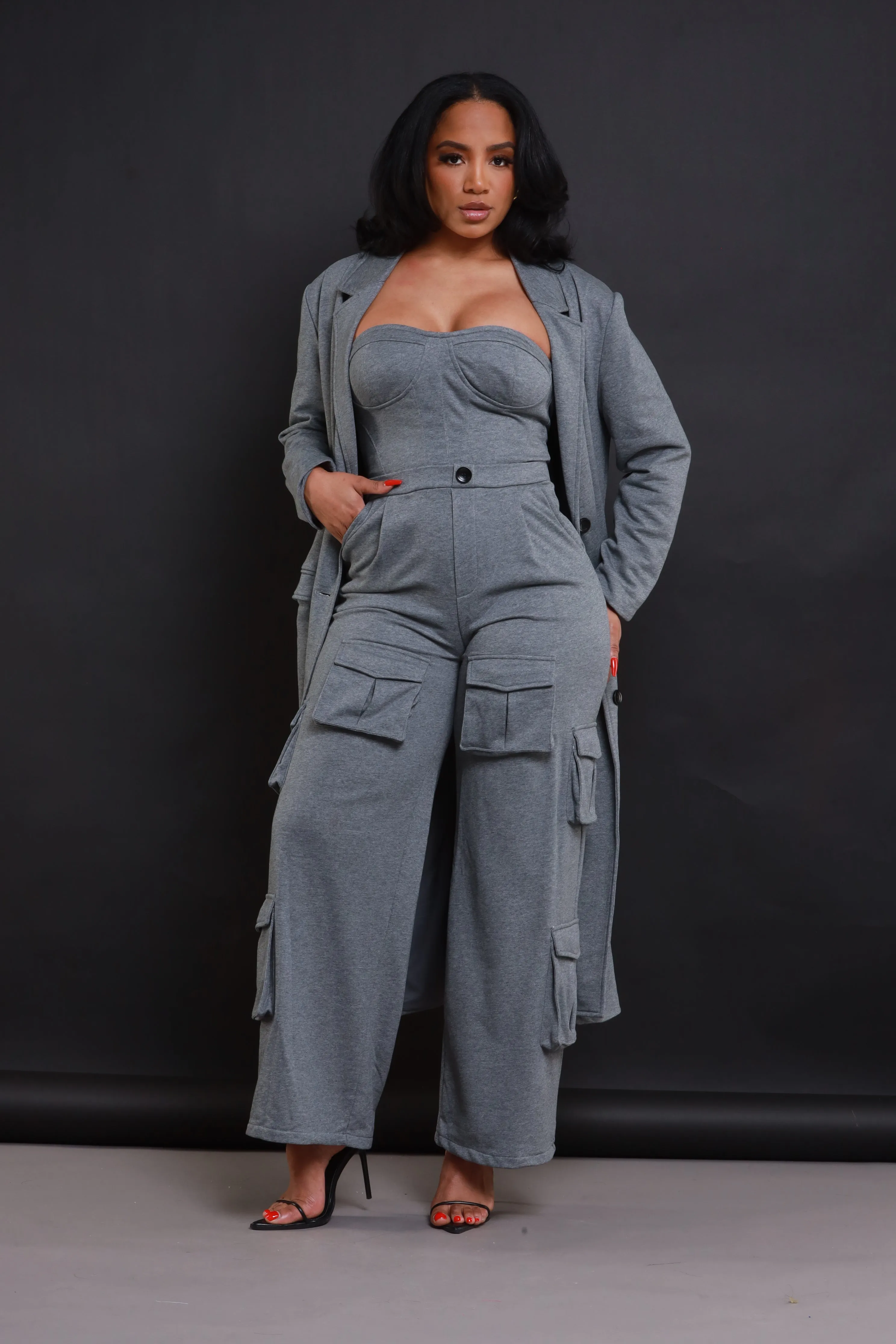 Cut Some Corners Strapless Cargo Jumpsuit - Grey