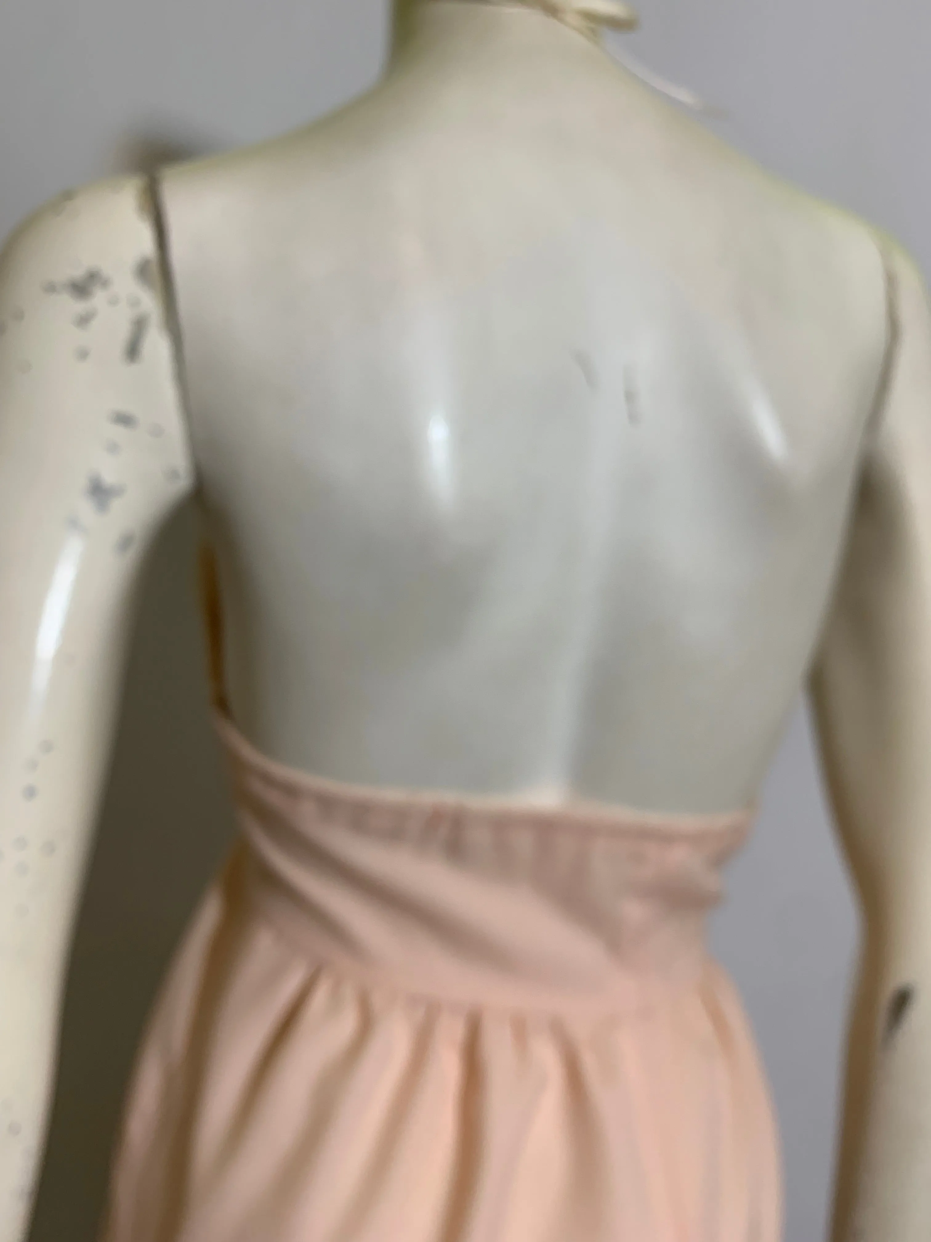 Demure Pale Peach Crepe Poly Halter Dress with Lace Trim circa 1970s